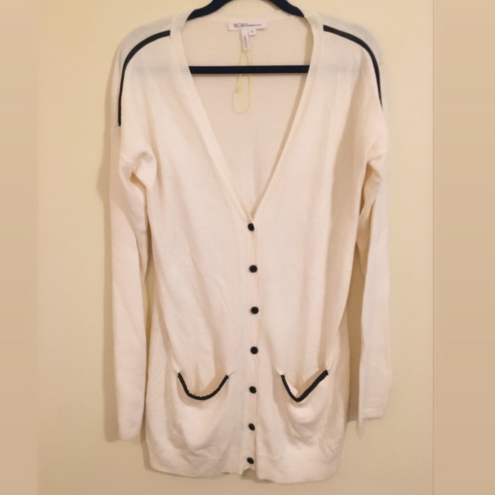 BCBG White Cardigan with Black Leather Trim